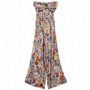 NWOT LaBiz Floral Wide Leg Halter Jumpsuit Smocked Multi-Color Boho Cutout M